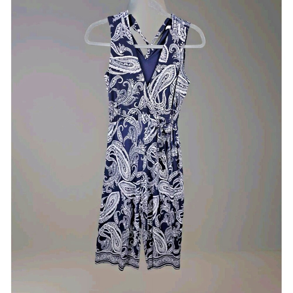 Studio One Jumpsuit Romper Womens M Blue White Paisley Tie Halter Deep V Neck